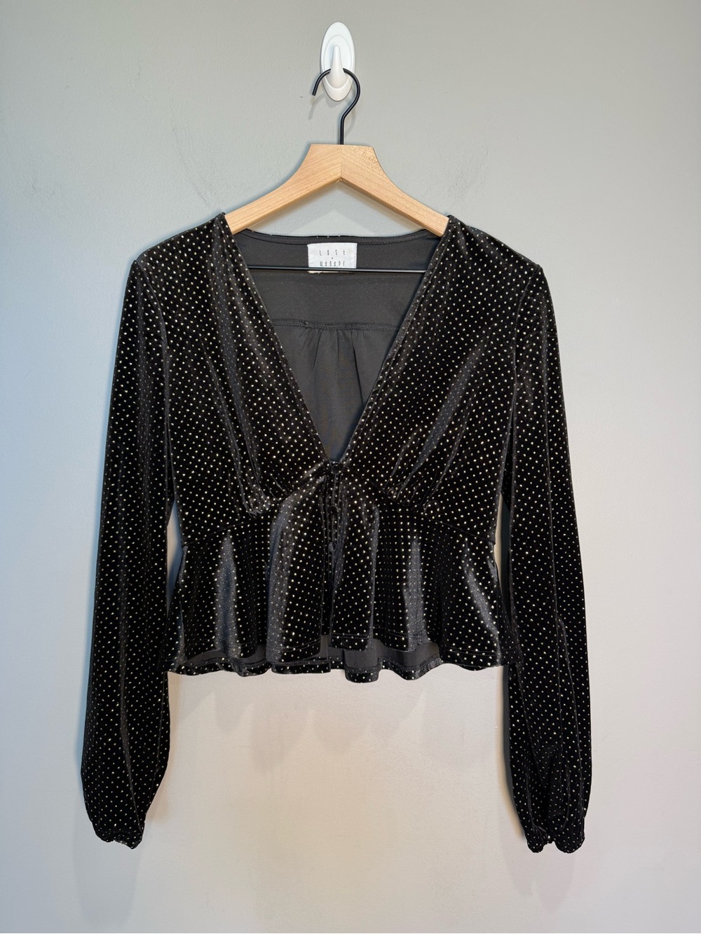Lost + Wander Black Velvet Gold Polka Dot Peplum Top Y2K Party Small